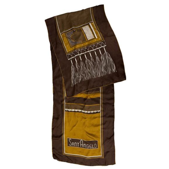 VTG Giorgio Di Sant' ANGELO Brown Gold Silk Scarf Fringe Print Oblong 70s Unisex - Picture 1 of 6